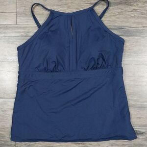 Lands End One Piece Swimsuit Plus Size 14P Women Navy Blue Keyhole High Neck Top